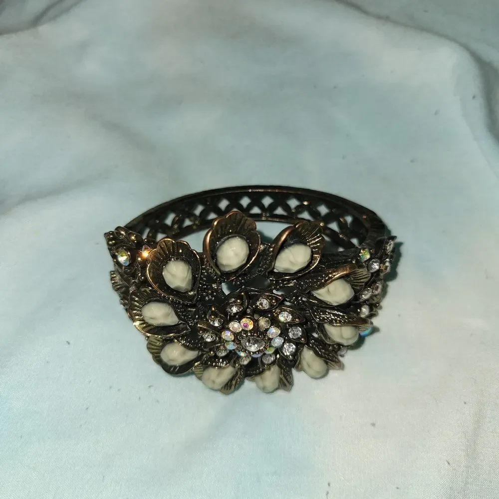 Floral Statement Cuff Bracelet - Brass & Gold Tones With Green Stones